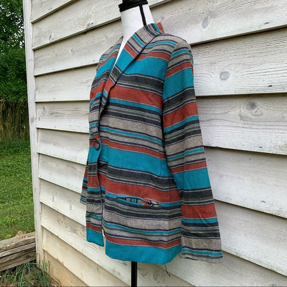 Vintage 80s Wool Blend Striped Print Collared V-Neck Long Sleeve Casual Jacket - Picture 3 of 16